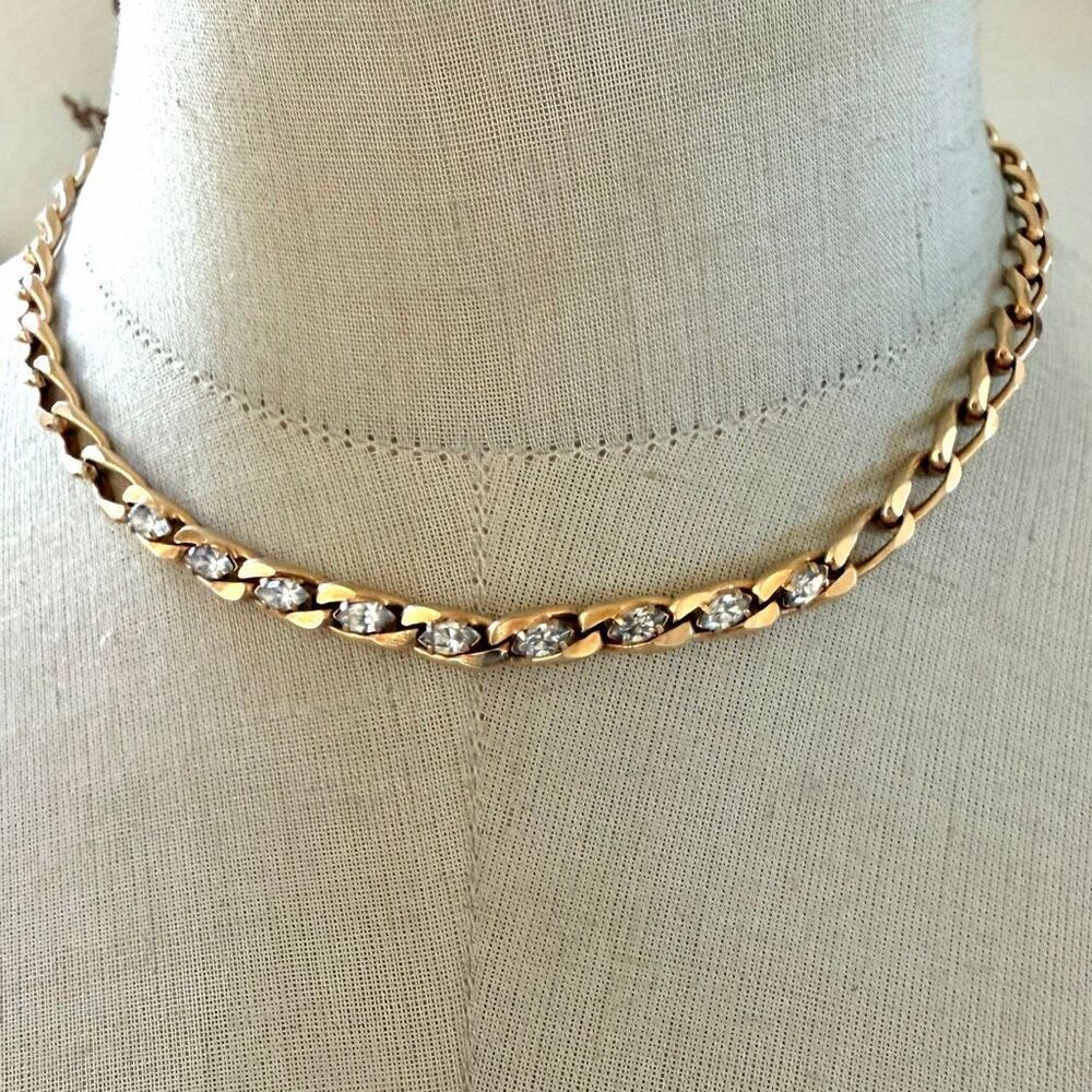 Vintage Gold Tone Marquise Rhinestone Link Necklace